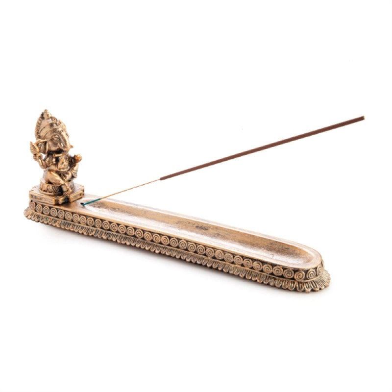 Gold Ganesha Incense Burner with intricate detailing and a copper look finish, featuring a Ganesha figurine and decorative trim.