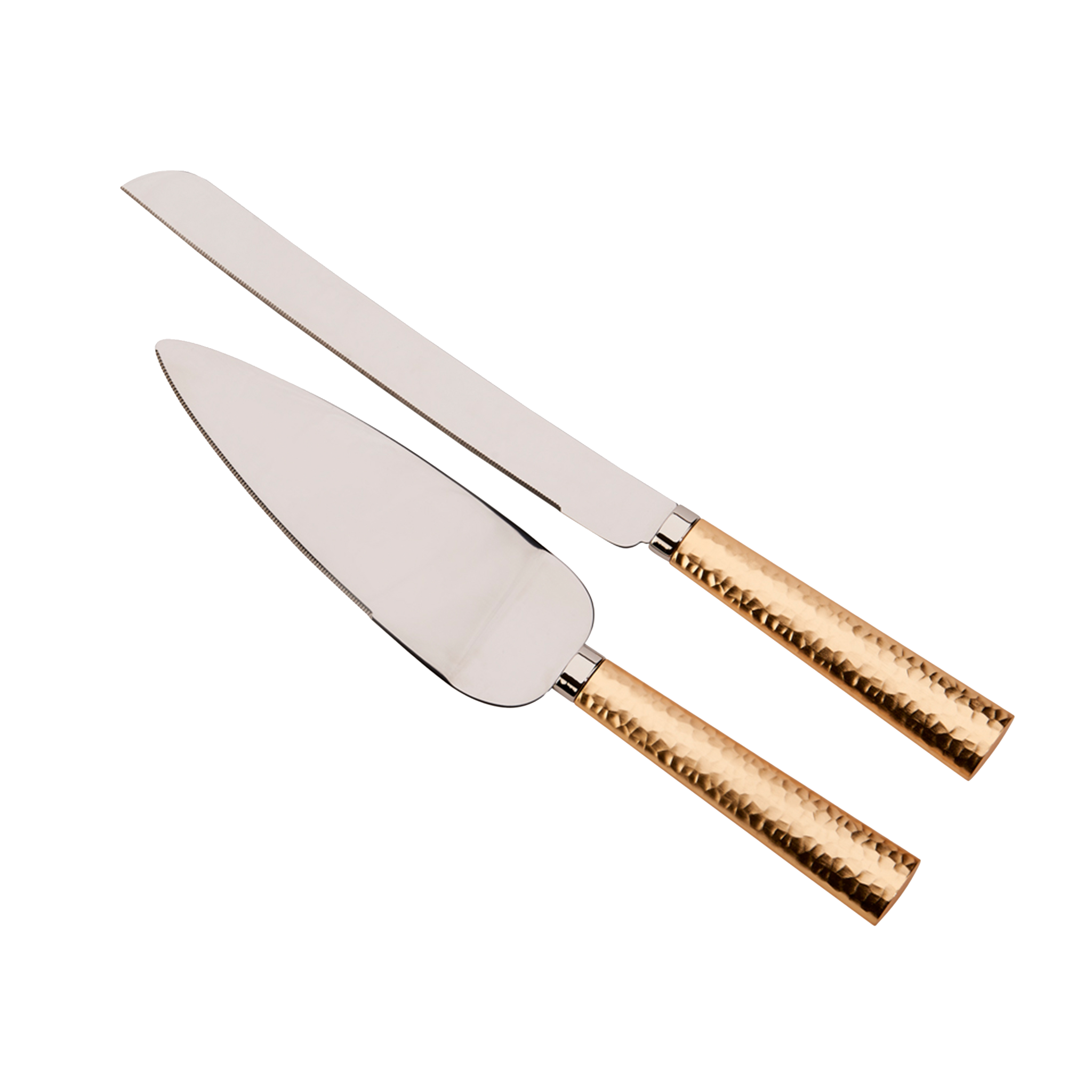 Gold Hammered Handle Cake Knife and Server Set displayed in a silver box, showcasing elegant hammered gold handles and stainless steel blades.