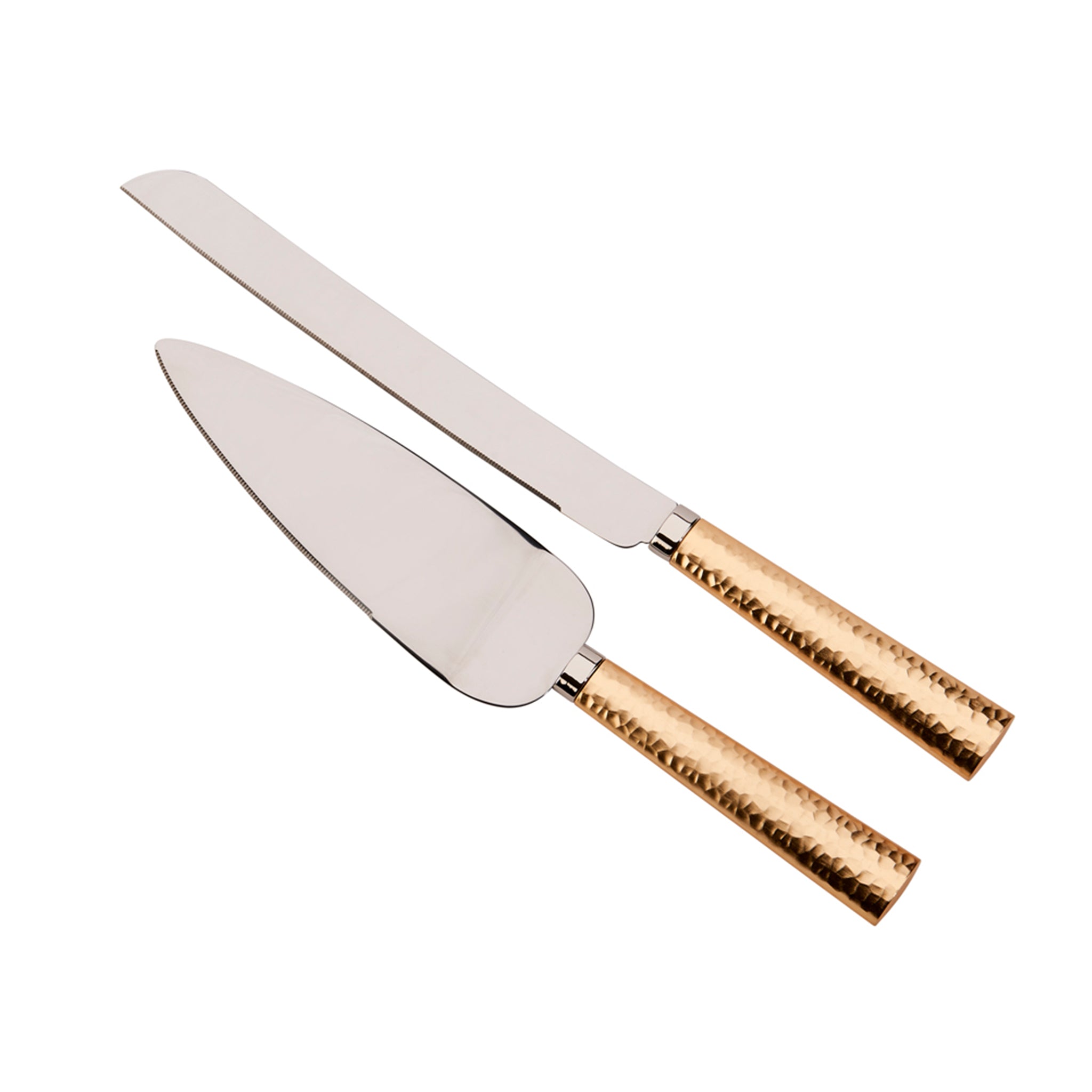 Gold Hammered Handle Cake Knife and Server Set displayed in a silver box, showcasing elegant hammered gold handles and stainless steel blades.