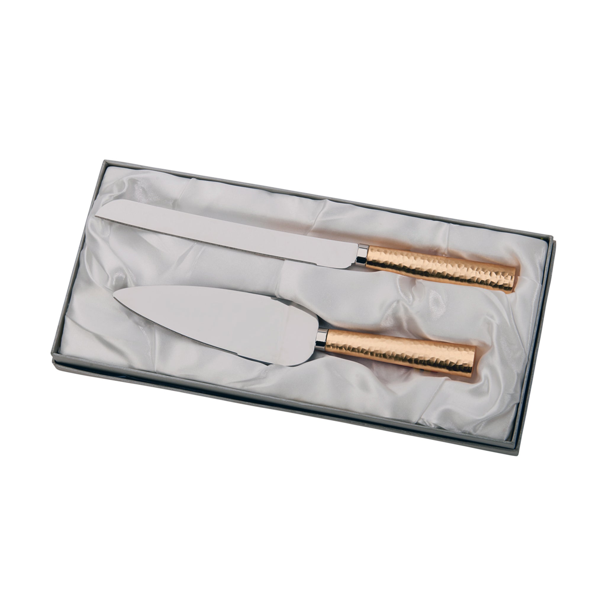 Gold Hammered Handle Cake Knife and Server Set displayed in a silver box, showcasing elegant hammered gold handles and stainless steel blades.