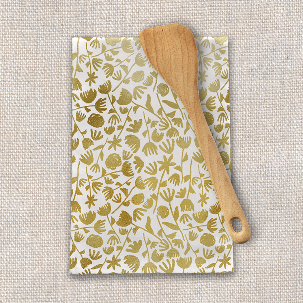 Gold Ink Floral Tea Towel featuring a beautiful floral design on soft cotton twill fabric, perfect for kitchen use.