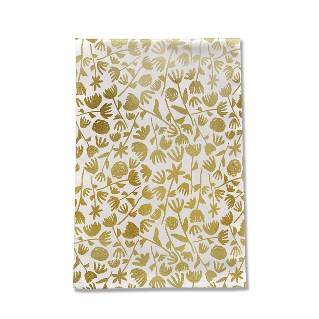 Gold Ink Floral Tea Towel featuring a beautiful floral design on soft cotton twill fabric, perfect for kitchen use.