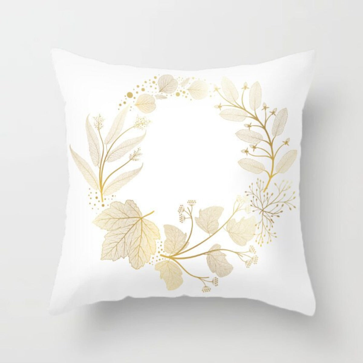 Gold Leaf Cushion Cover showcasing an elegant gold leaf pattern on a soft polyester fabric, perfect for home decor.