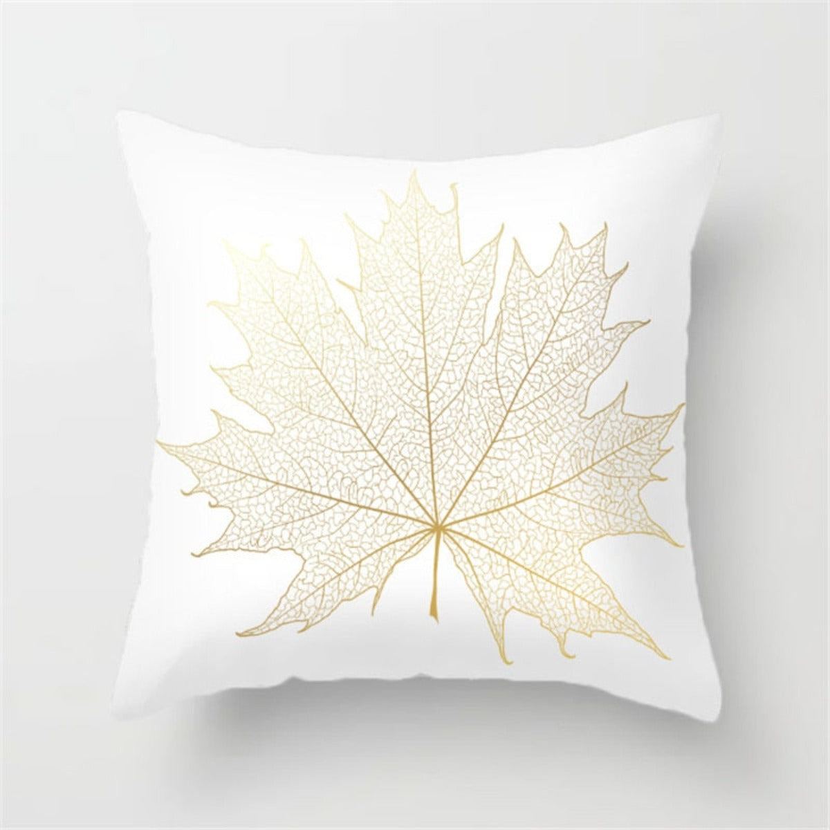 Gold Leaf Cushion Cover showcasing an elegant gold leaf pattern on a soft polyester fabric, perfect for home decor.