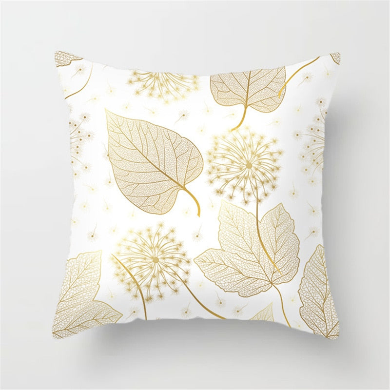 Gold Leaf Cushion Cover showcasing an elegant gold leaf pattern on a soft polyester fabric, perfect for home decor.