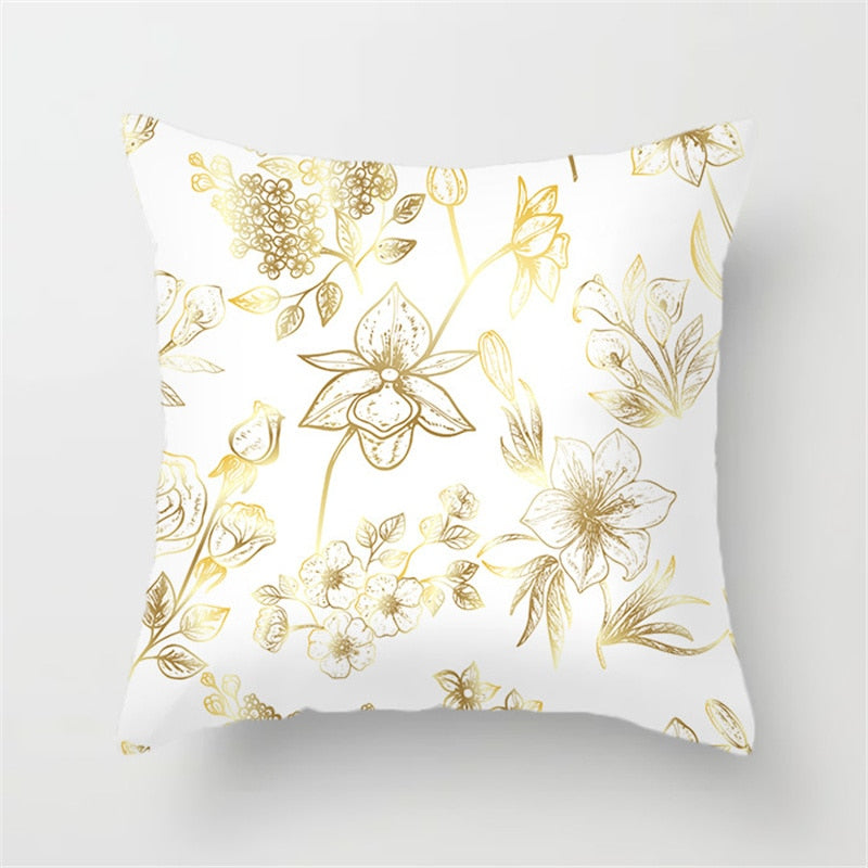 Gold Leaf Cushion Cover showcasing an elegant gold leaf pattern on a soft polyester fabric, perfect for home decor.