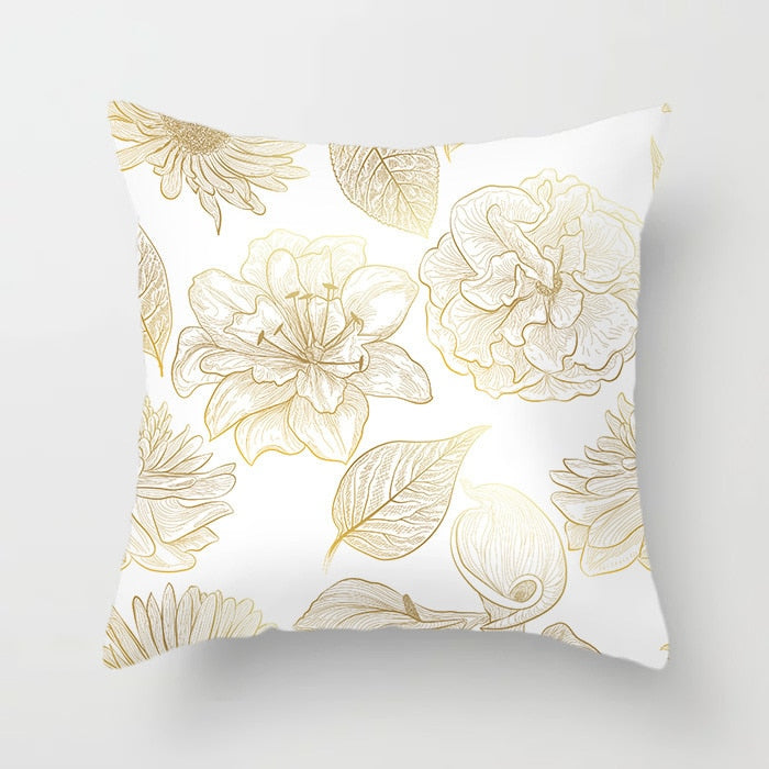 Gold Leaf Cushion Cover showcasing an elegant gold leaf pattern on a soft polyester fabric, perfect for home decor.