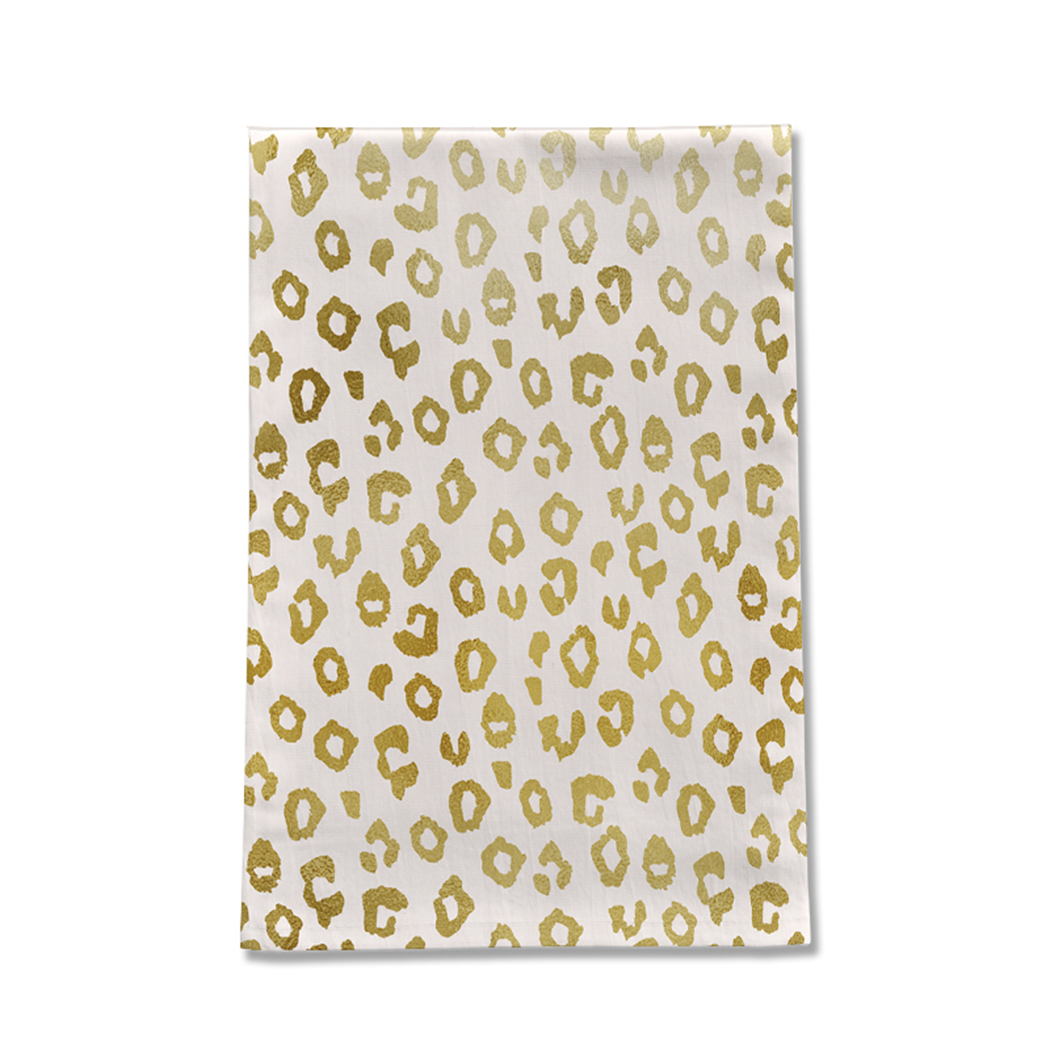 Gold Leopard Print Tea Towel made of cotton twill, featuring a stylish design and hemmed edges, perfect for kitchen use.