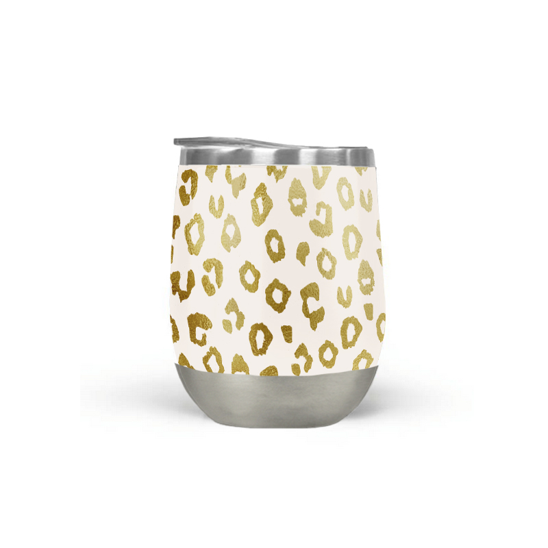 Gold leopard print wine tumbler with double-wall insulation, perfect for outdoor use.