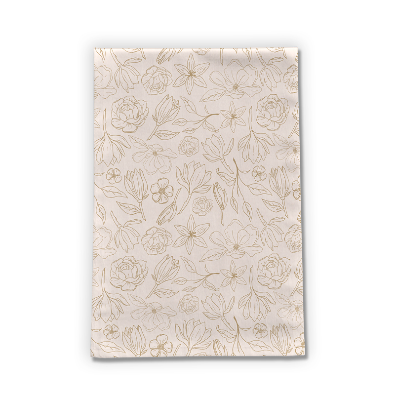 Gold Magnolia Tea Towel featuring a beautiful floral design on soft cotton twill fabric, perfect for kitchen use.