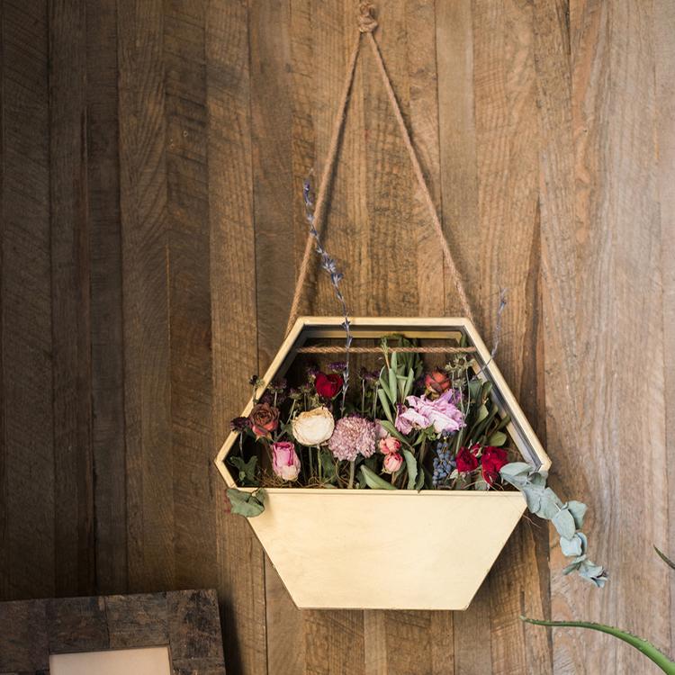 Gold Metal Hexagon Hanging Planter showcasing its modern design and durable construction, perfect for indoor and outdoor decor.