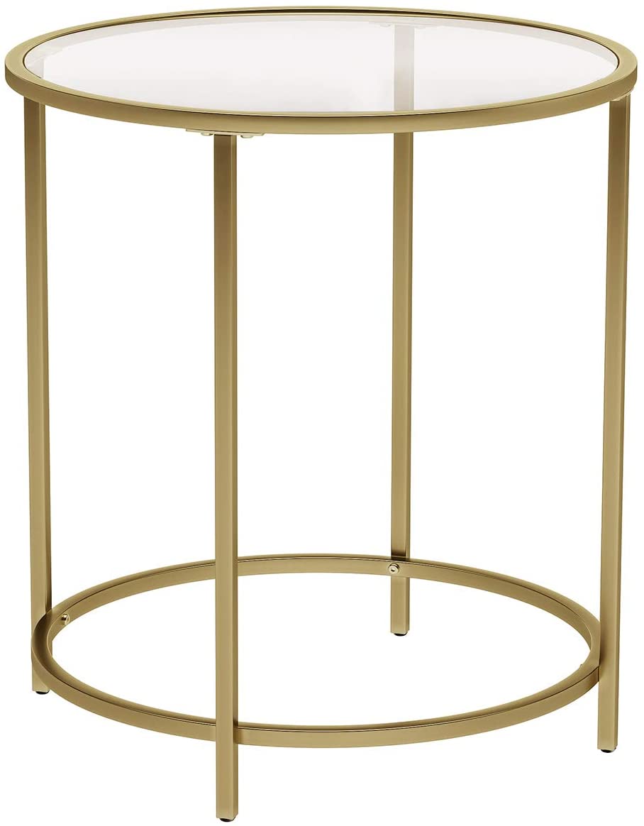 Gold Round Side Table featuring a golden metal frame and a clear tempered glass top, showcasing a minimalist design suitable for modern decor.