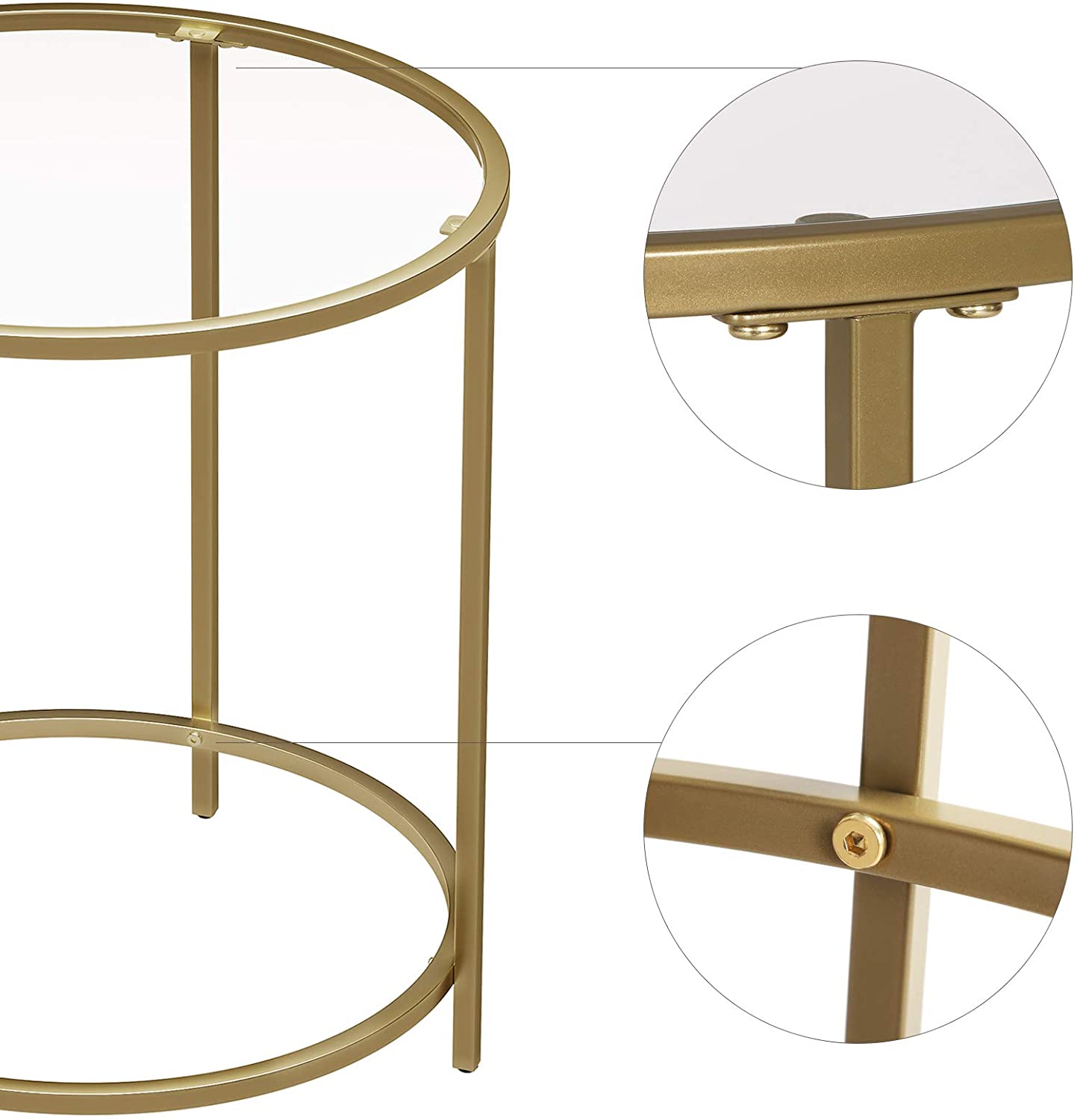 Gold Round Side Table featuring a golden metal frame and a clear tempered glass top, showcasing a minimalist design suitable for modern decor.