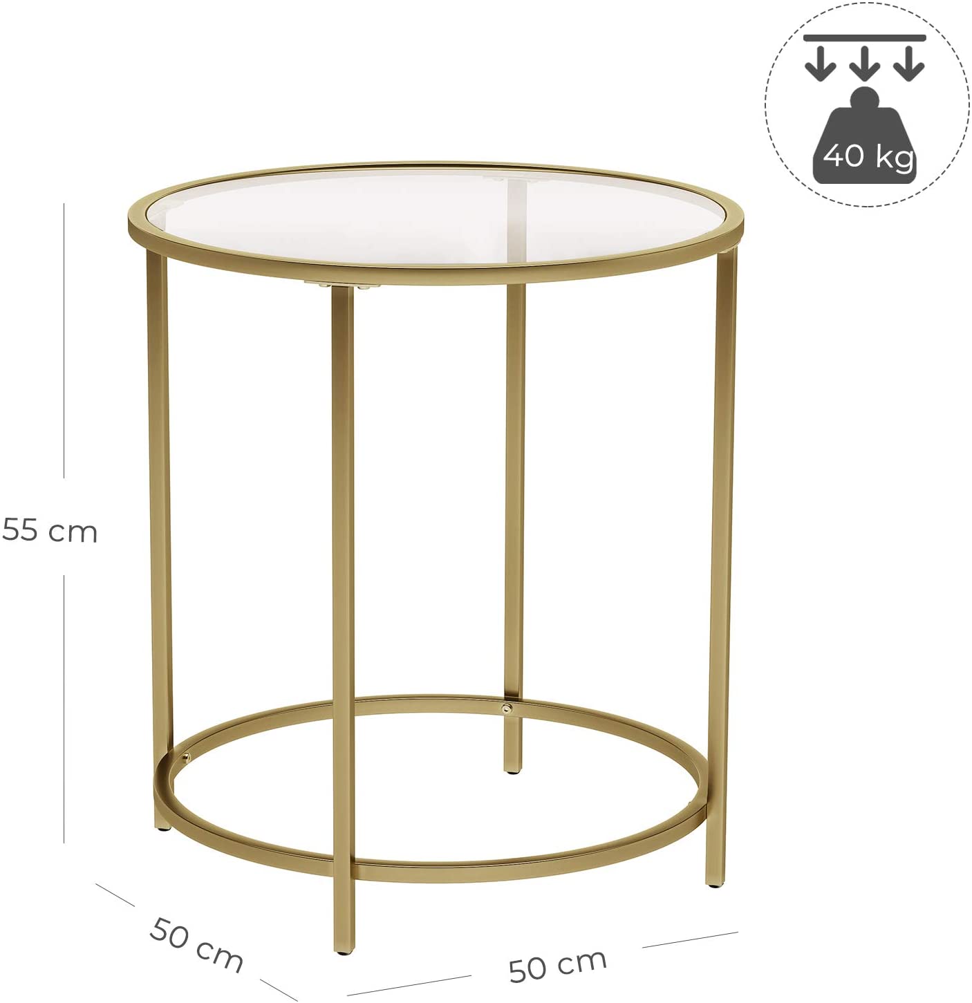 Gold Round Side Table featuring a golden metal frame and a clear tempered glass top, showcasing a minimalist design suitable for modern decor.