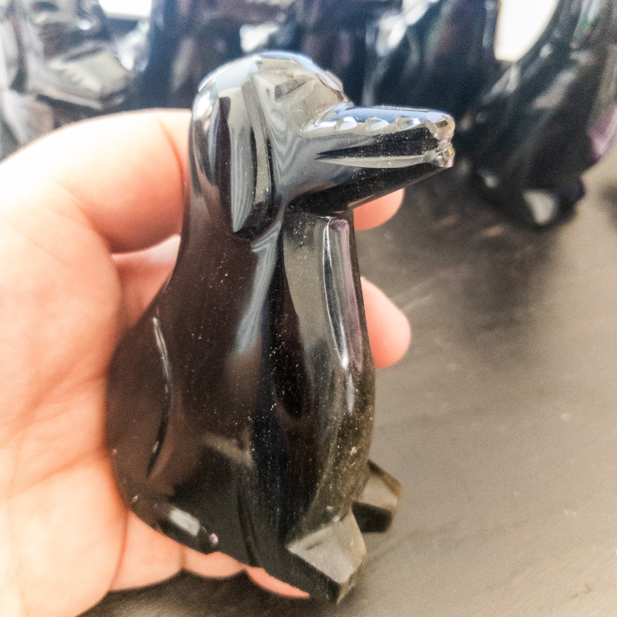 Handmade Gold Sheen Obsidian Dog Figurine, 4 inches tall, showcasing unique sheen and craftsmanship.