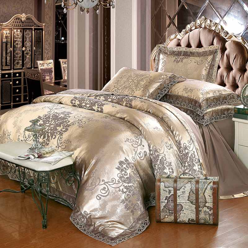 Gold Silver Coffee Jacquard Luxury Bedding Set displayed elegantly on a bed, showcasing its intricate design and luxurious fabric.