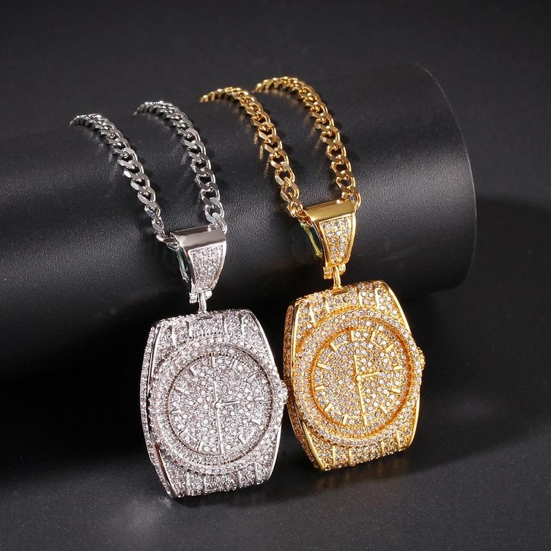 Gold Silver Dial Pendant Necklace featuring a hip hop design with cubic zirconia accents on a Cuban chain.