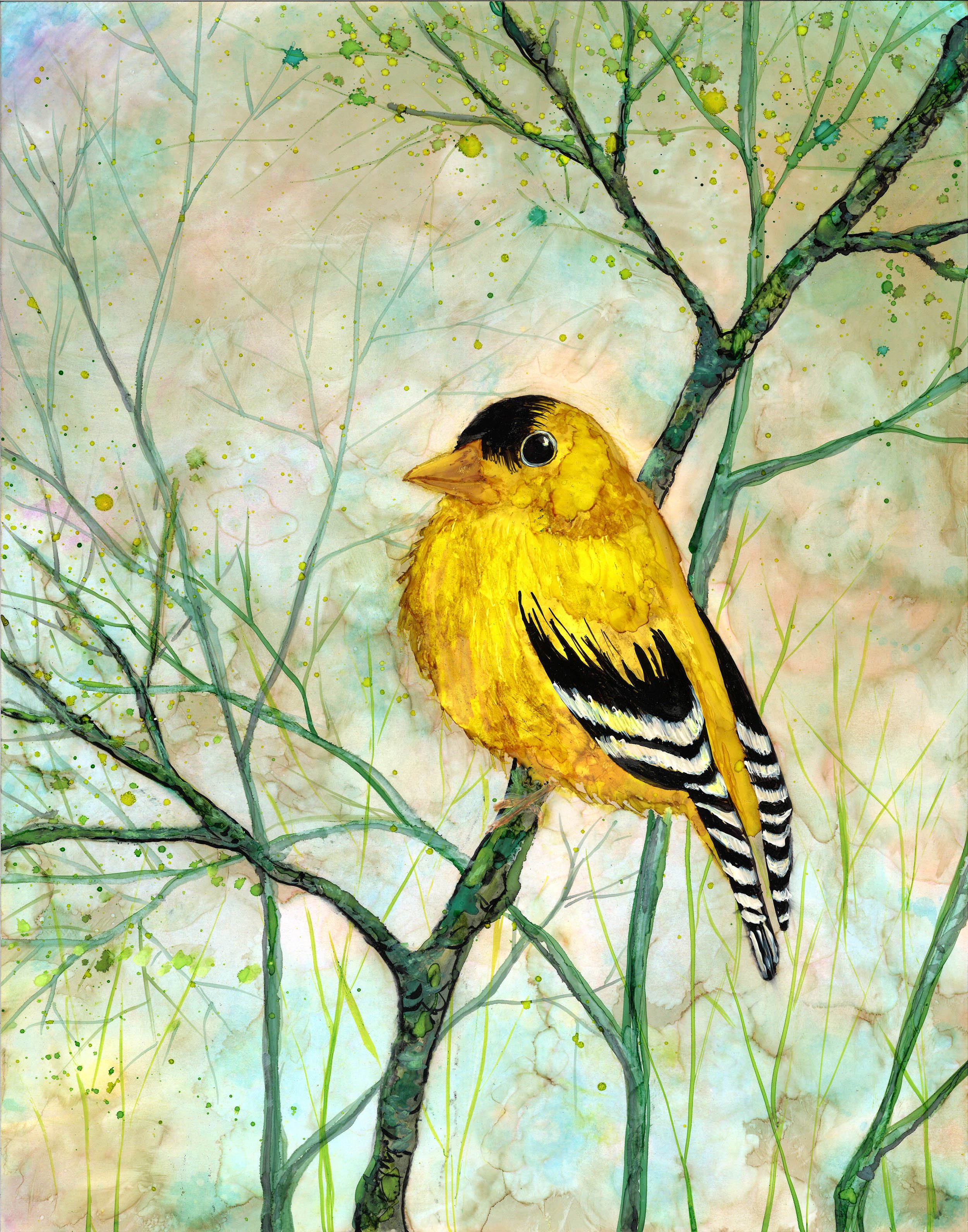 A vibrant golden finch perched on delicate tree branches, surrounded by a peaceful background, showcasing intricate details and soothing colors.