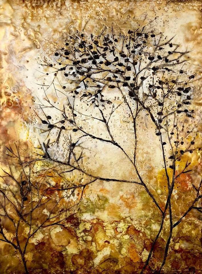 A beautiful Golden Tree print showcasing vibrant colors and intricate details, created with encaustic beeswax and pan pastels.