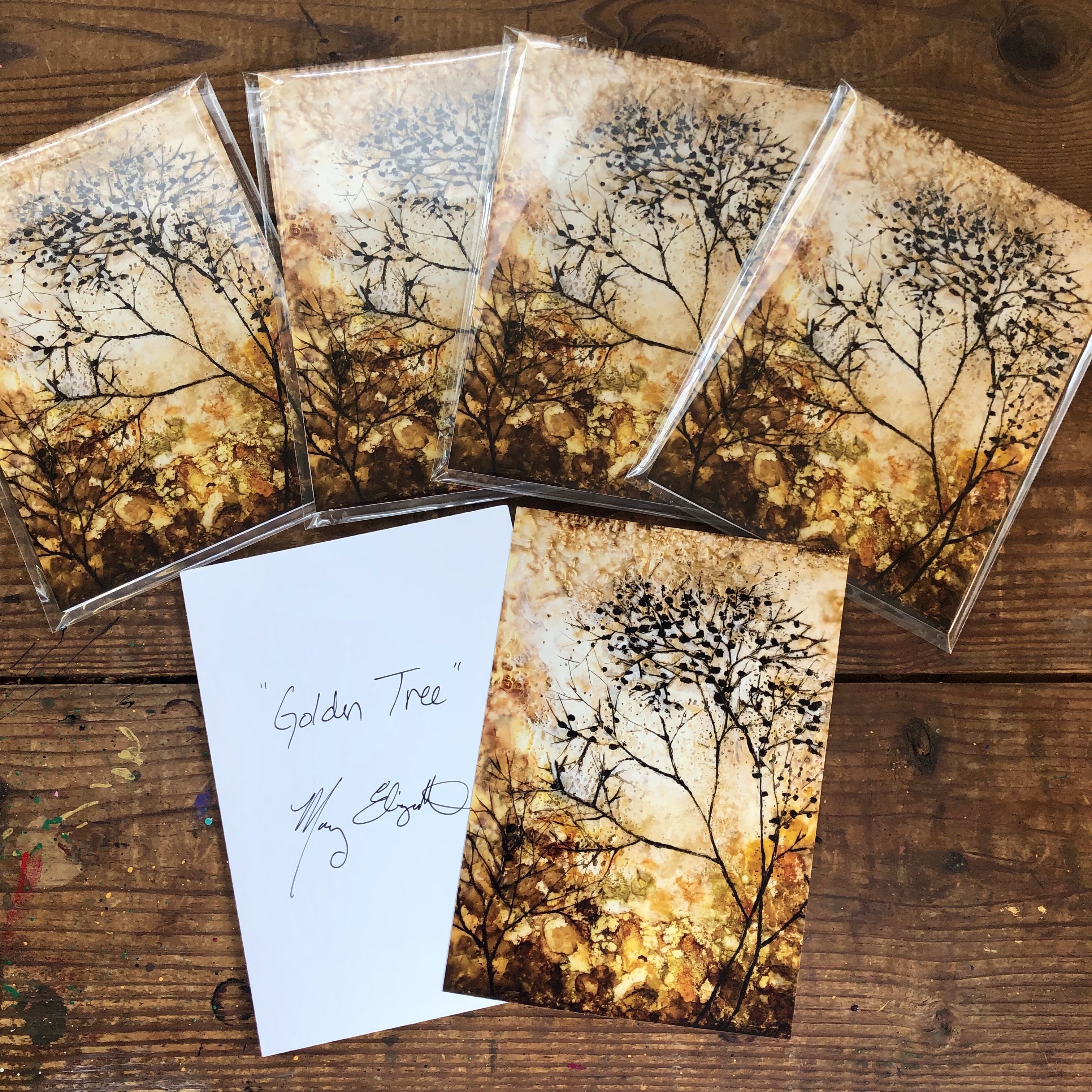 A beautiful Golden Tree print showcasing vibrant colors and intricate details, created with encaustic beeswax and pan pastels.