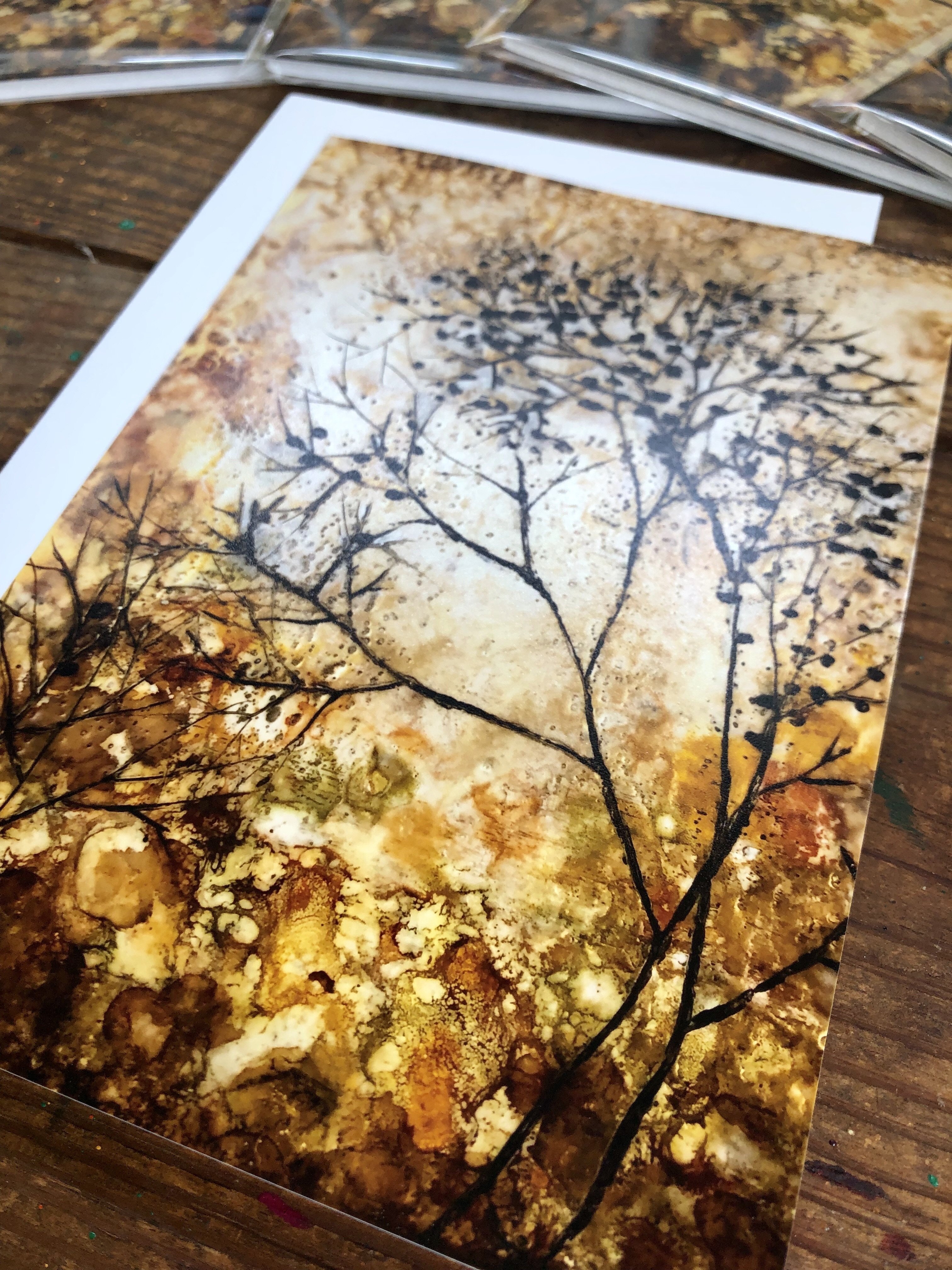 A beautiful Golden Tree print showcasing vibrant colors and intricate details, created with encaustic beeswax and pan pastels.