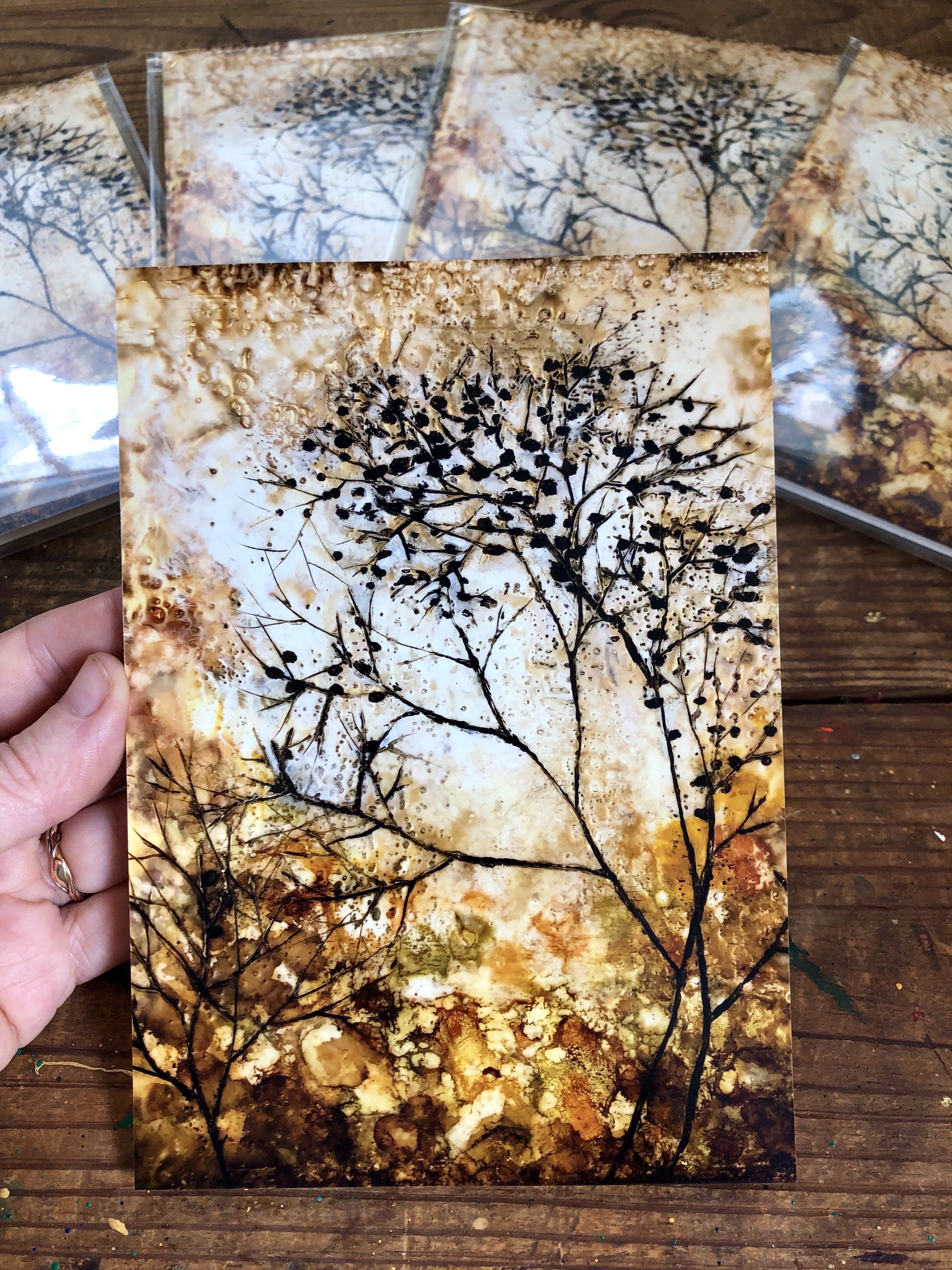 A beautiful Golden Tree print showcasing vibrant colors and intricate details, created with encaustic beeswax and pan pastels.