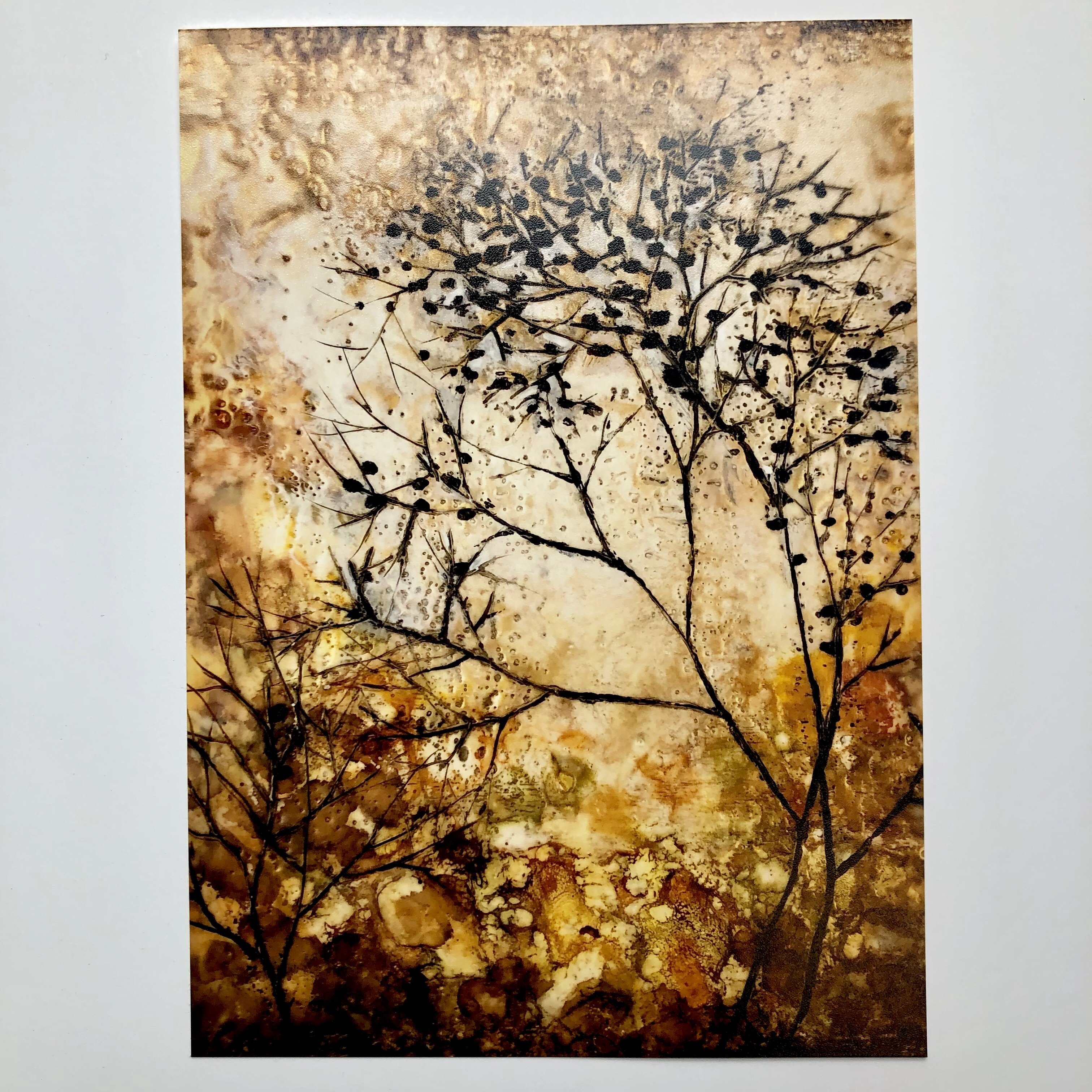 A beautiful Golden Tree print showcasing vibrant colors and intricate details, created with encaustic beeswax and pan pastels.