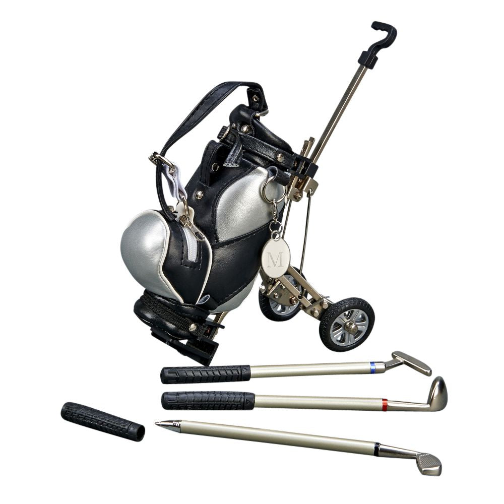 Golf Cart Style Pen Set featuring three golf club pens and a stylish golf bag holder with a cart design.