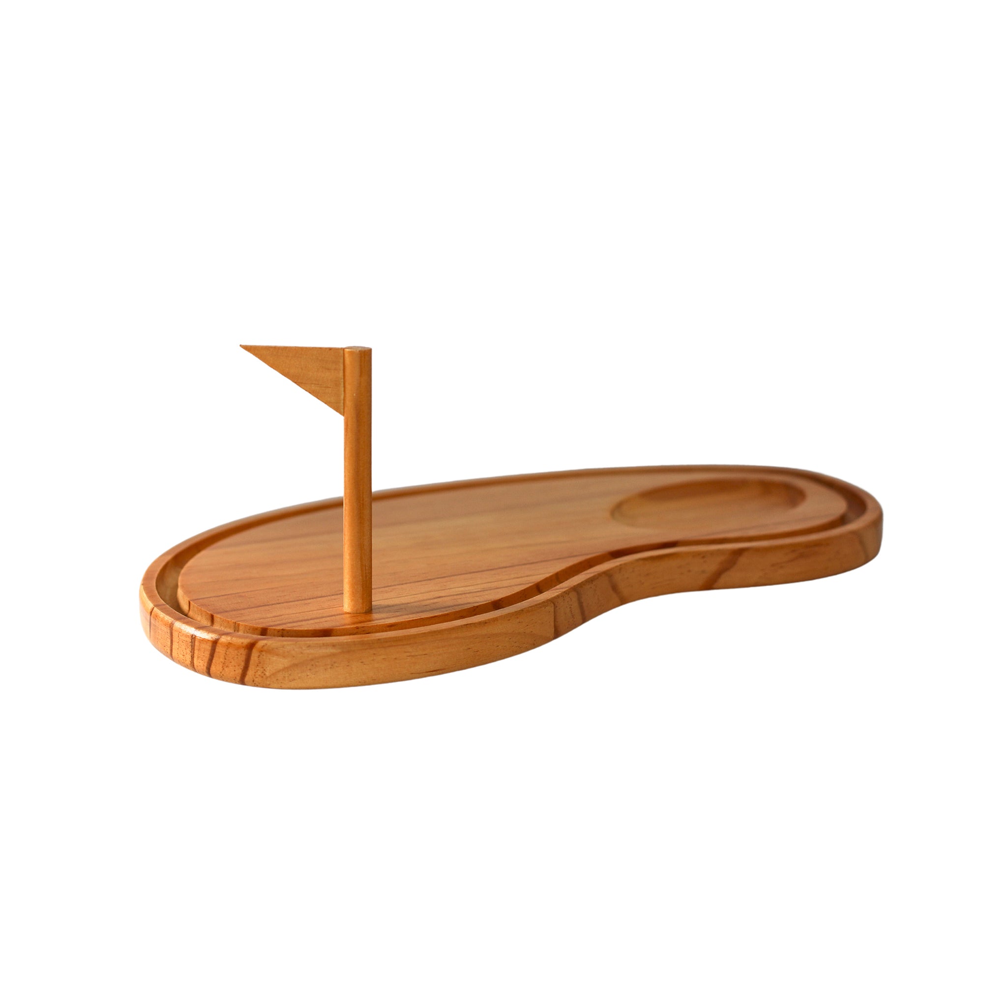 Golf Course Wood Board shaped like a putting green, featuring a sand trap and flag pole, made of durable pine wood.