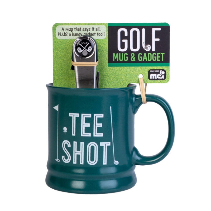 Golf Gadget Mug featuring integrated golf tools including a club cleaner, scorecard pen, and ball marker.