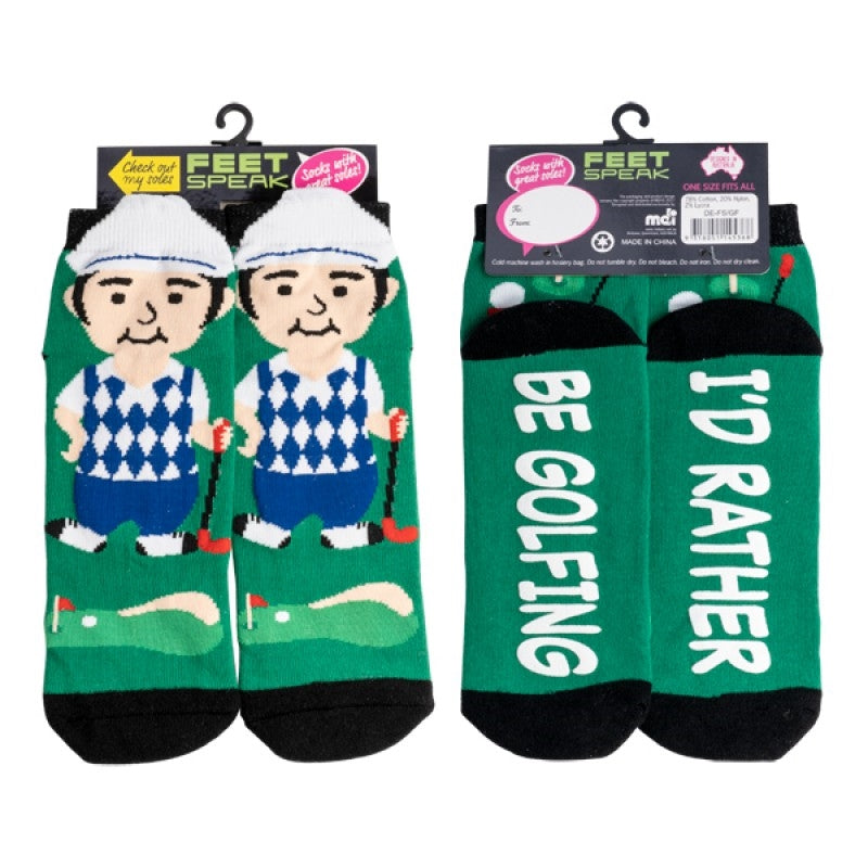 Green and black Golfer Feet Speak Socks featuring a golfer in an argyle vest with anti-slip words on the bottom.