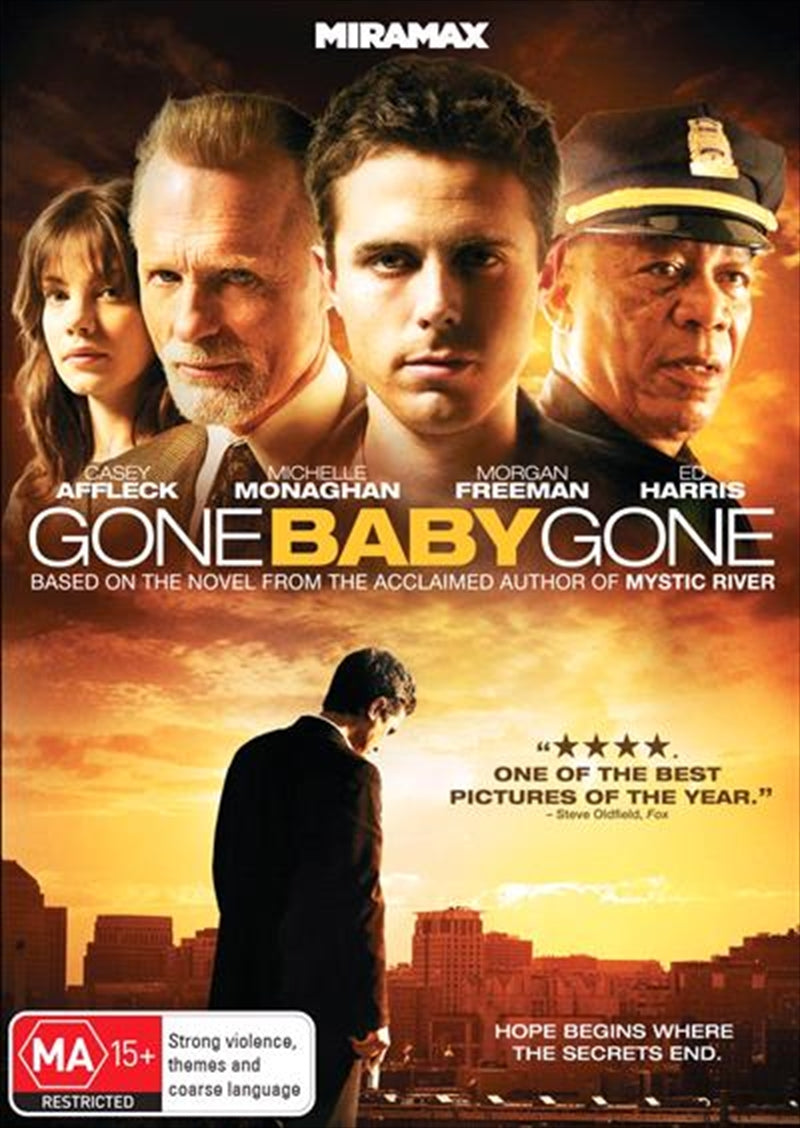 Gone Baby Gone DVD cover featuring a dramatic image of detectives and a missing child's silhouette.