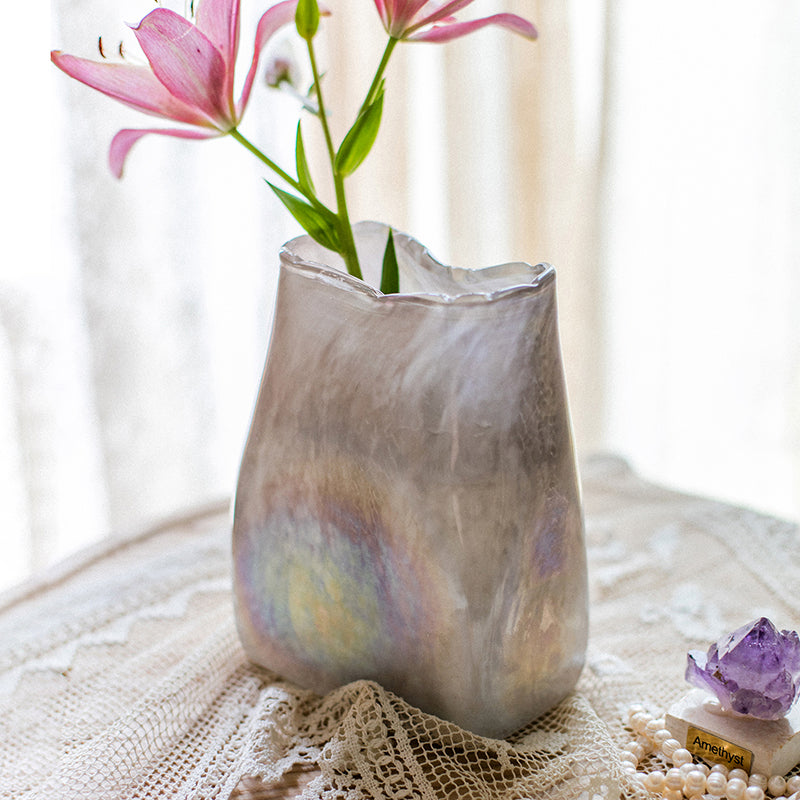 A beautifully crafted Gradient Color Art Glass Vase featuring a unique blend of pink and cream colors, showcasing its hand-blown design.