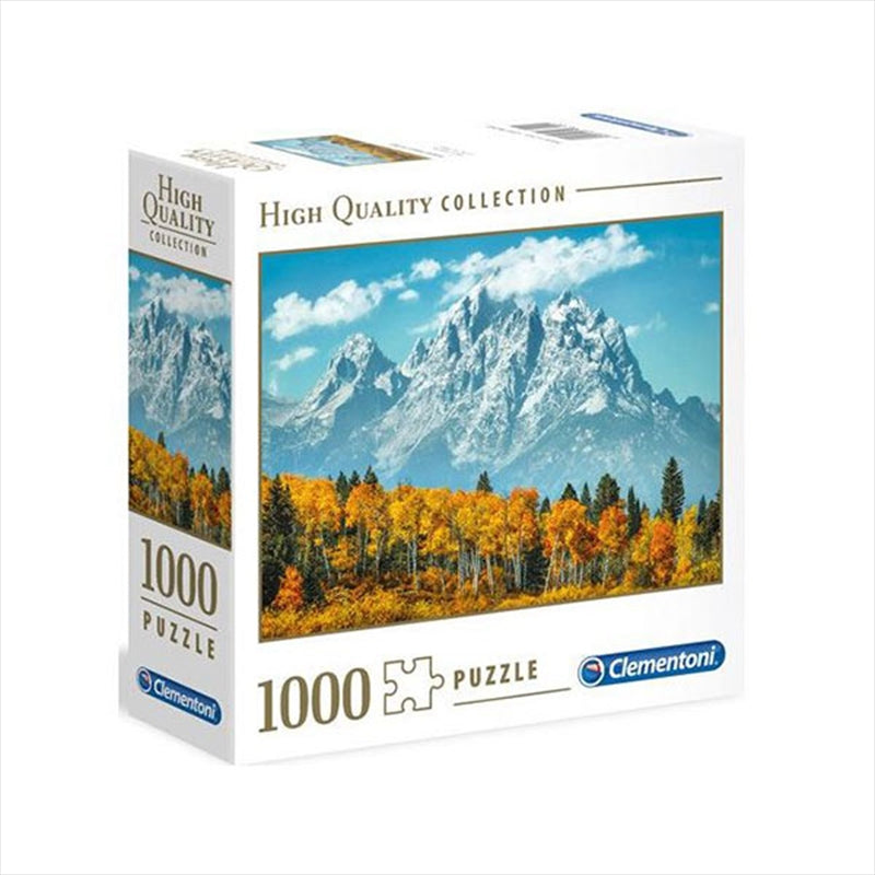 A 1000 piece puzzle featuring the Grand Teton mountains in vibrant fall colors, showcasing high peaks and trees in a serene landscape.