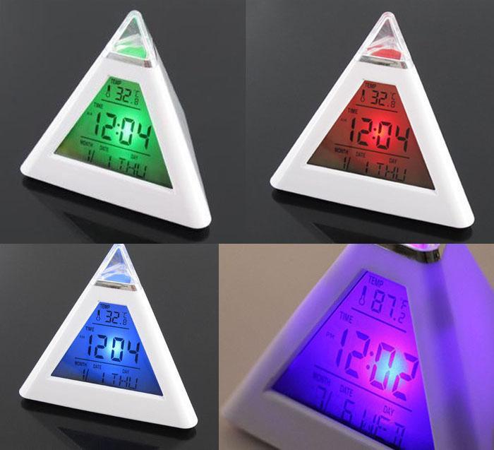 Grandey 7 LED Color Change Pyramid Digital Alarm Clock with vibrant colors and LCD display, showcasing its unique pyramid design.