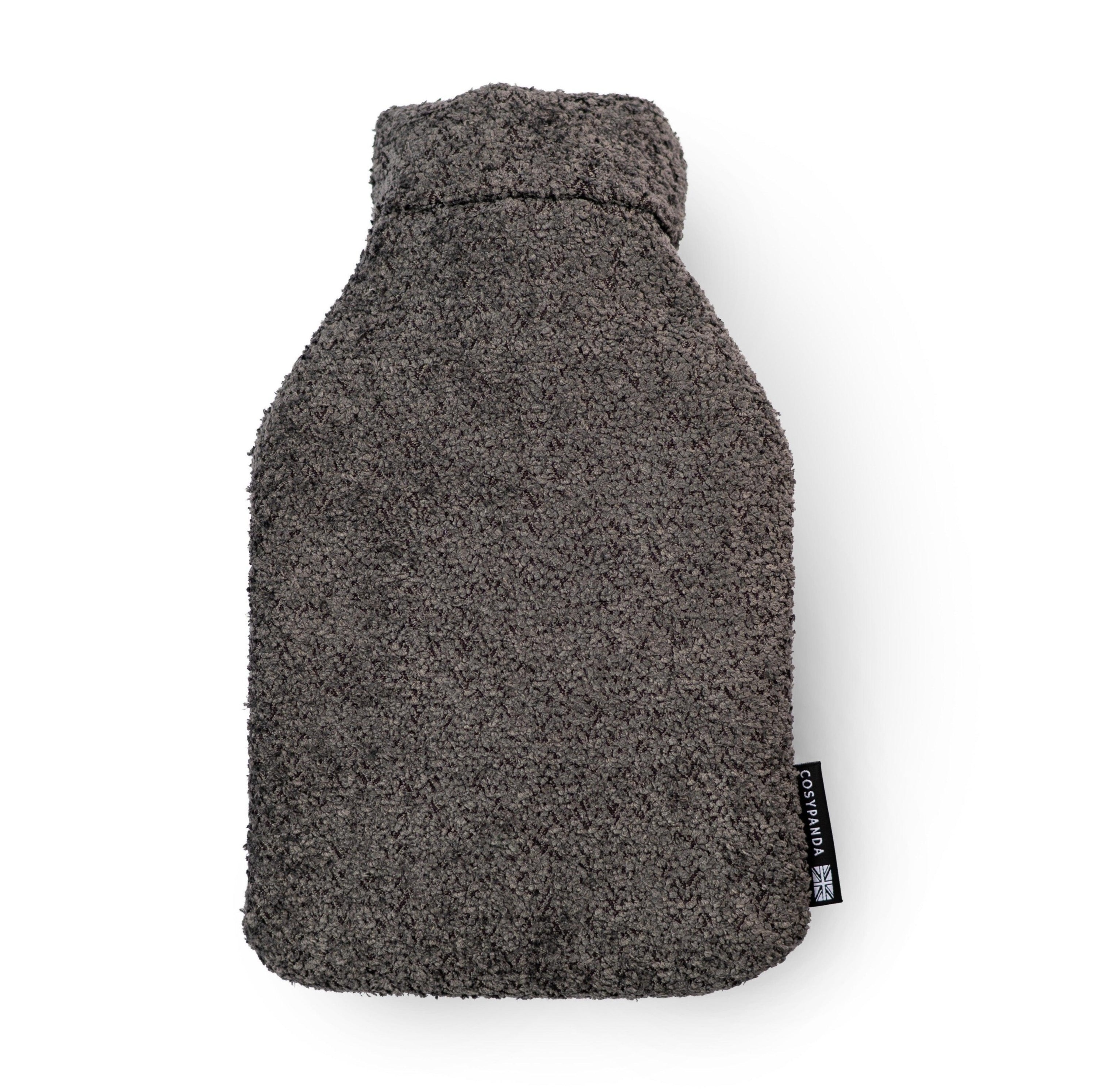 Graphite fleece hot water bottle with a stylish recycled plastic cover, showcasing its eco-friendly design and cozy texture.