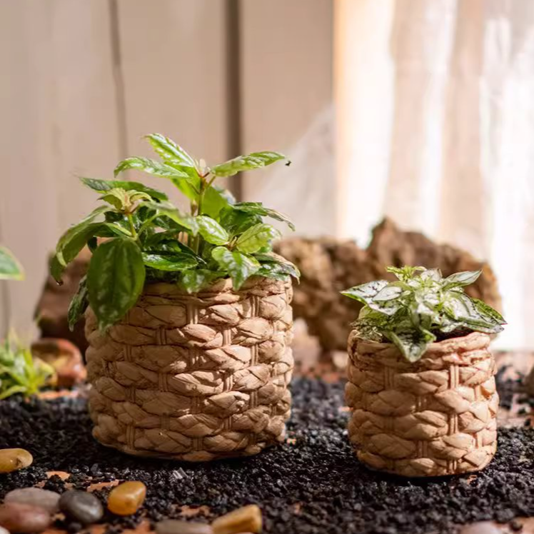 Grass Woven Looking Cement Planter in khaki and brown, showcasing its unique woven design and drainage hole.