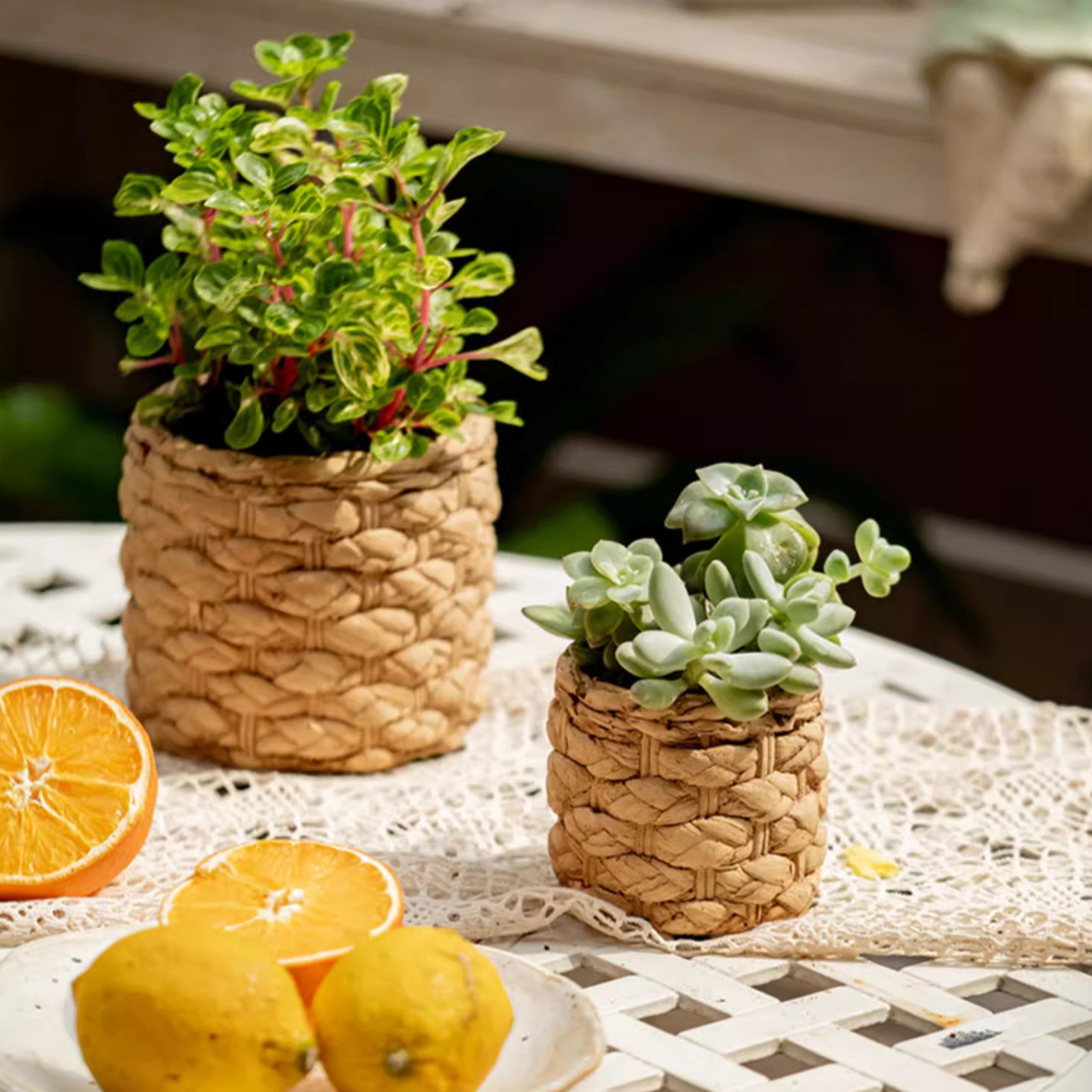 Grass Woven Looking Cement Planter in khaki and brown, showcasing its unique woven design and drainage hole.