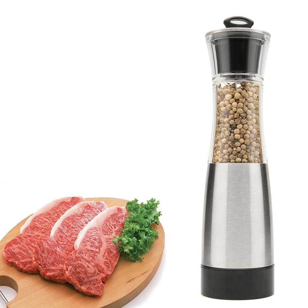 Automatic Gravity Salt and Pepper Grinder with stainless steel and acrylic design, showcasing its see-through container and adjustable grinding mechanism.