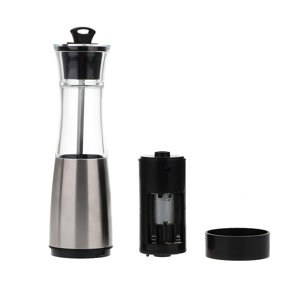 Automatic Gravity Salt and Pepper Grinder with stainless steel and acrylic design, showcasing its see-through container and adjustable grinding mechanism.