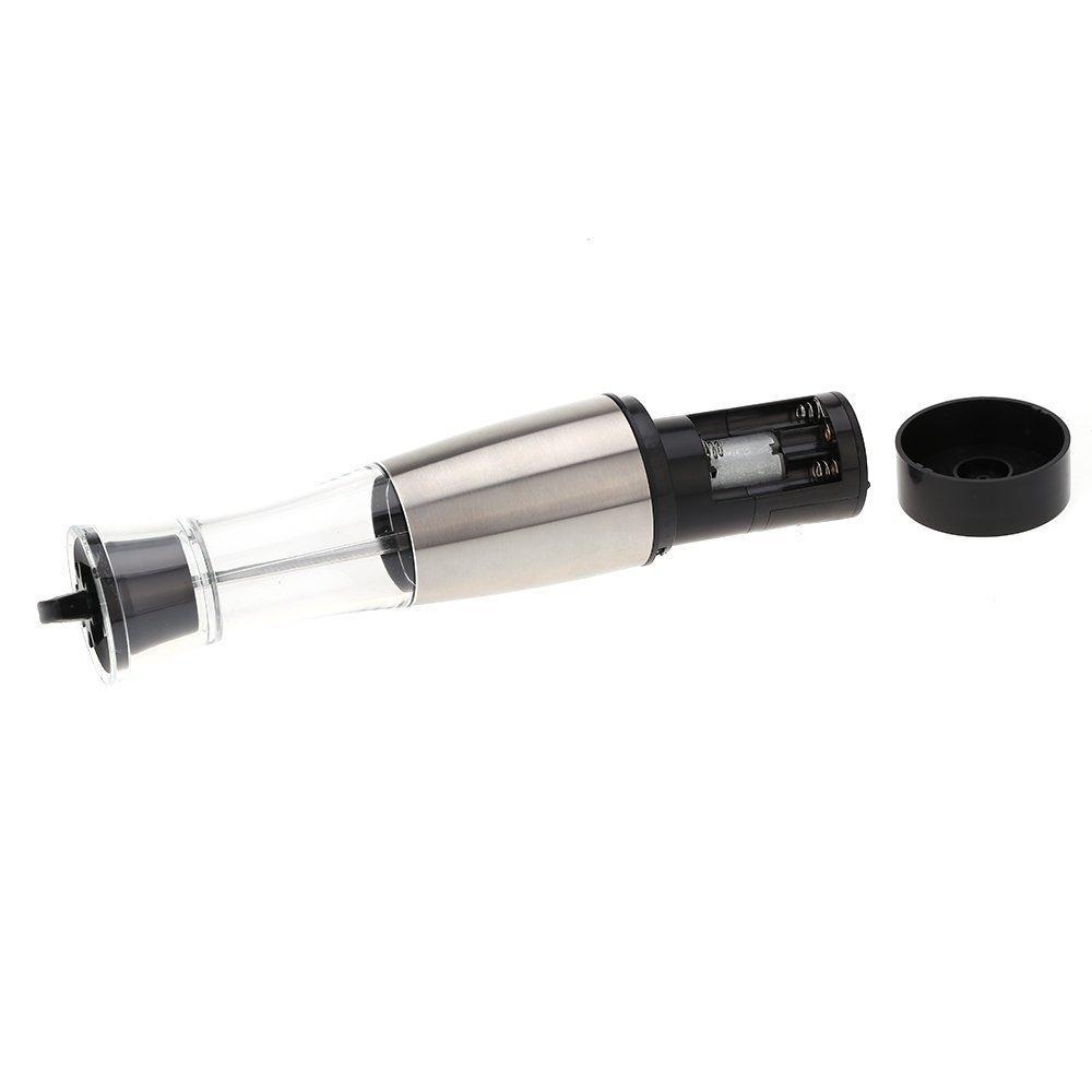 Automatic Gravity Salt and Pepper Grinder with stainless steel and acrylic design, showcasing its see-through container and adjustable grinding mechanism.