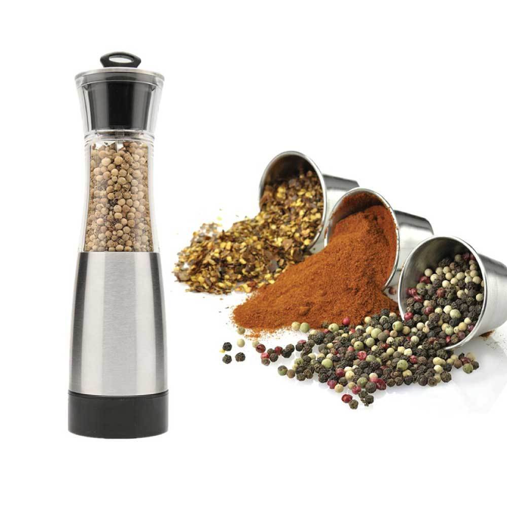 Automatic Gravity Salt and Pepper Grinder with stainless steel and acrylic design, showcasing its see-through container and adjustable grinding mechanism.