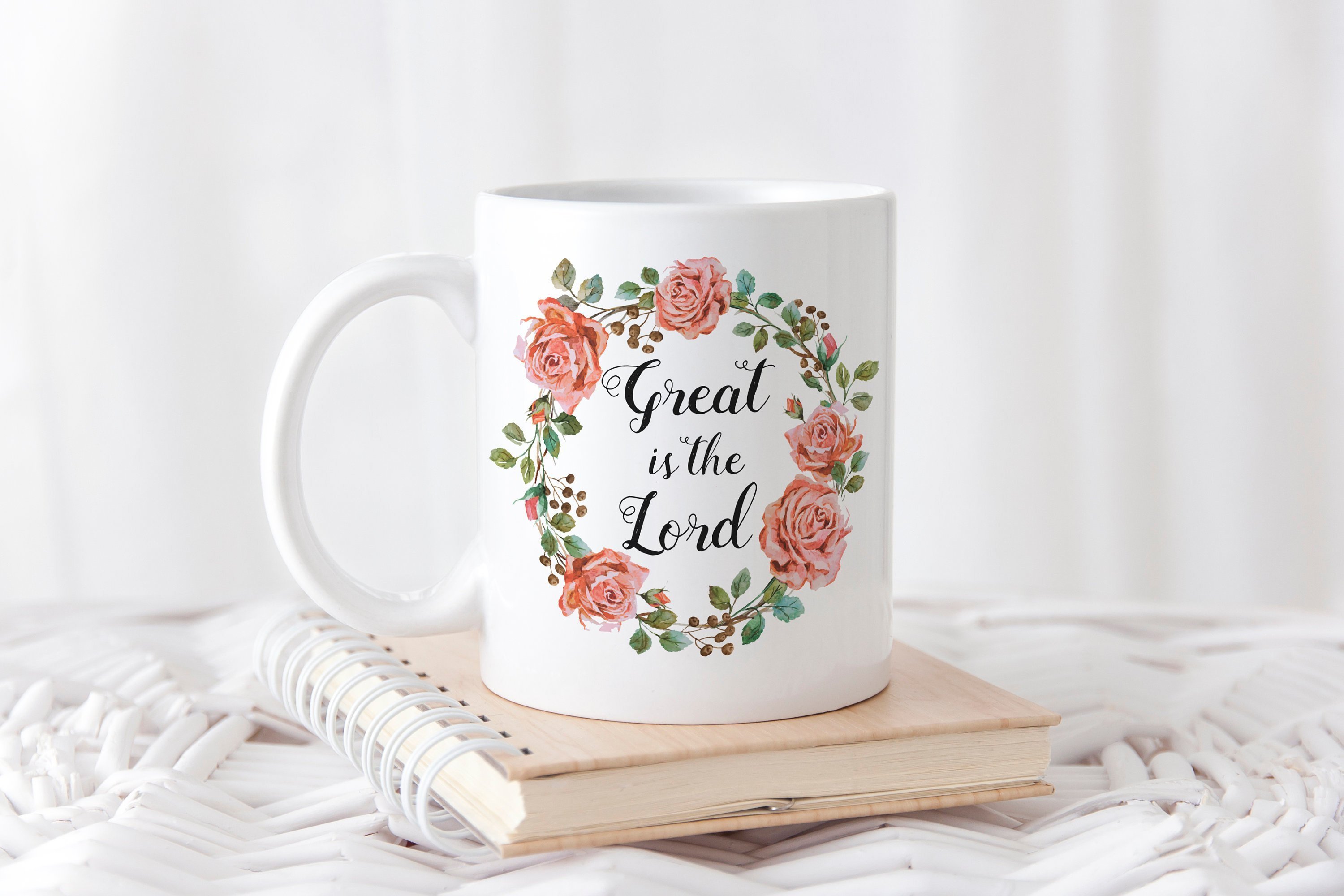 Great is The Lord hand lettered mug featuring inspirational design, available in two sizes.