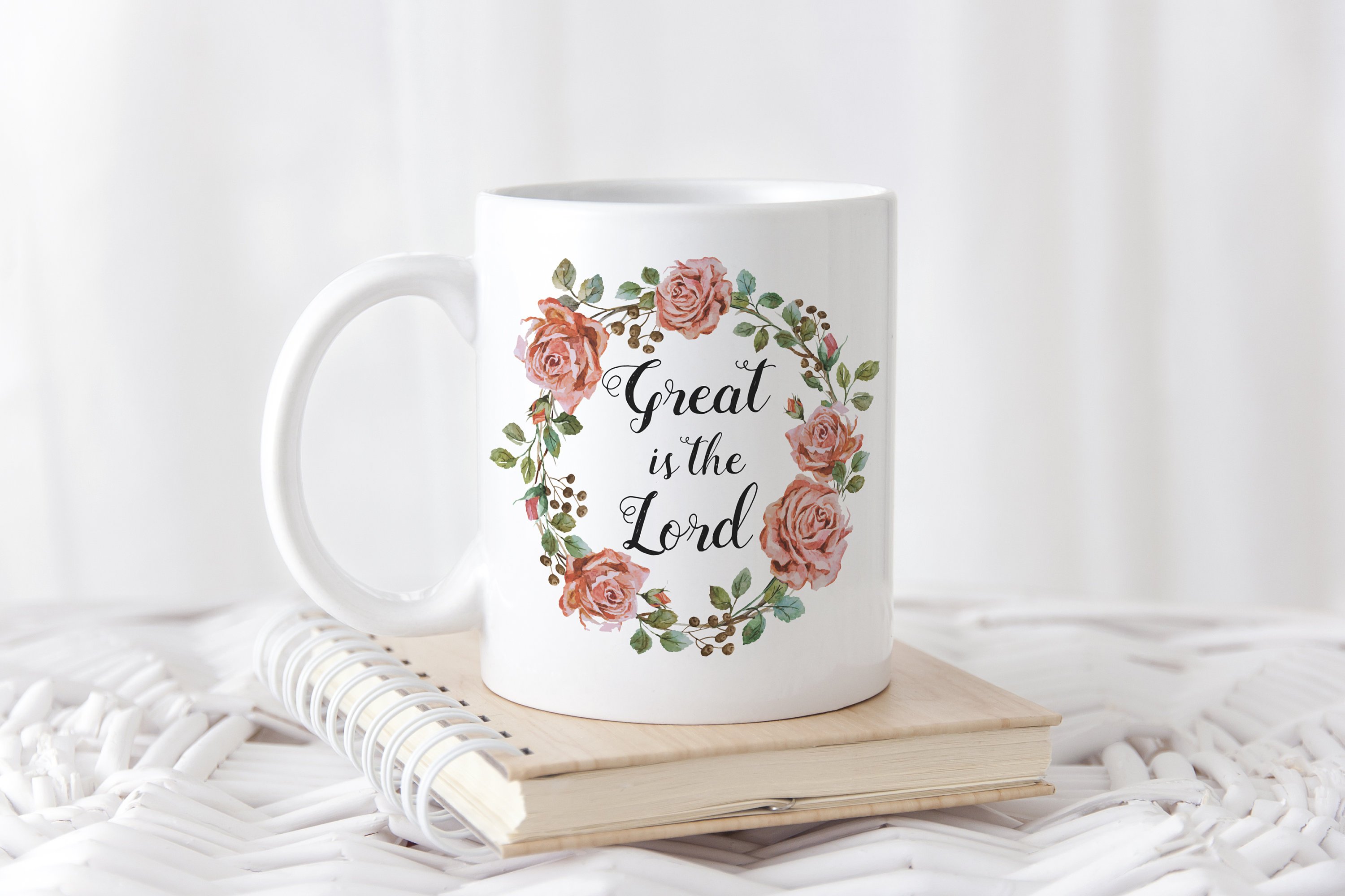 Great is The Lord hand lettered mug featuring inspirational design, available in two sizes.