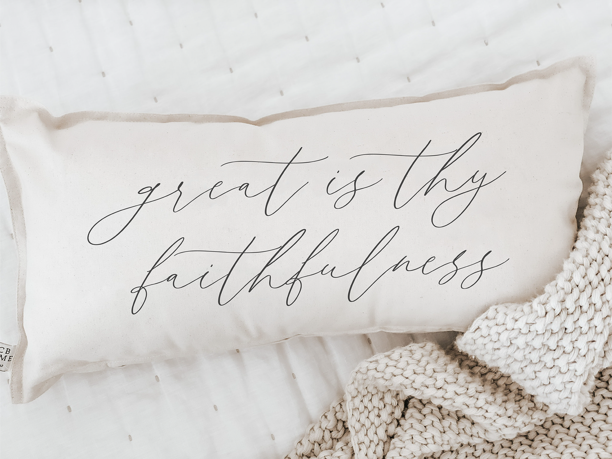 Great Is Thy Faithfulness Lumbar Pillow featuring inspirational quote in elegant calligraphy on soft cotton fabric.