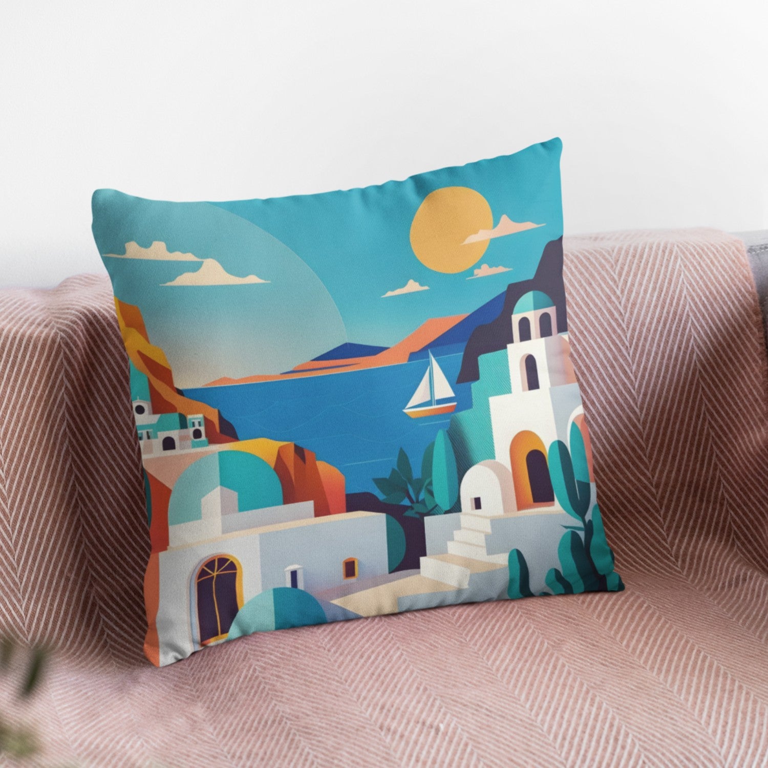 Greece Pattern Decorative Cushion Cover showcasing vibrant Mediterranean design, ideal for summer home decor.