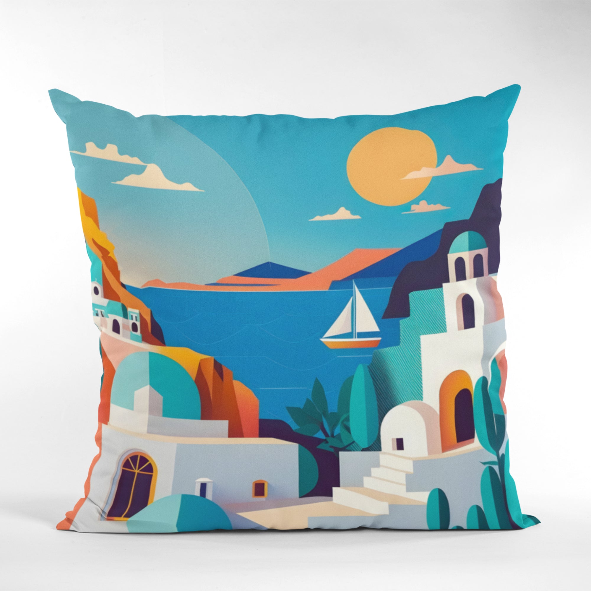 Greece Pattern Decorative Cushion Cover showcasing vibrant Mediterranean design, ideal for summer home decor.