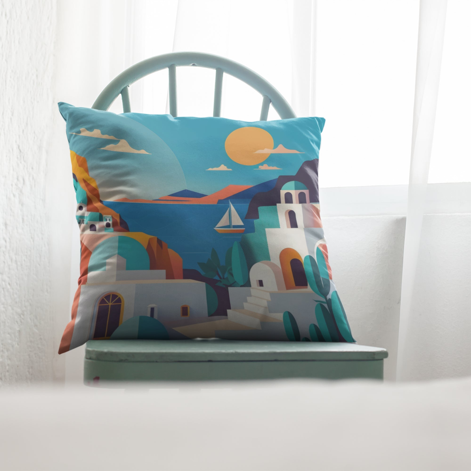 Greece Pattern Decorative Cushion Cover showcasing vibrant Mediterranean design, ideal for summer home decor.