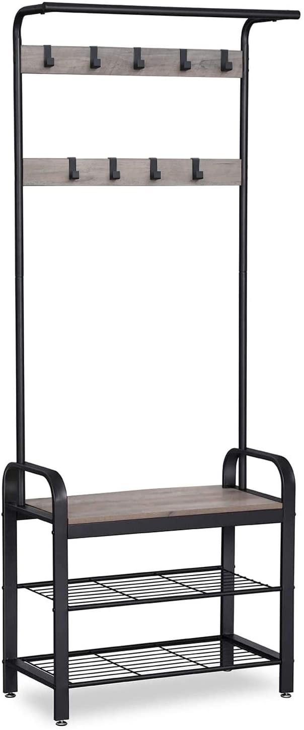 Greige and black steel freestanding coat rack with removable hooks, bench, and shoe rack, showcasing its stylish design and functionality.