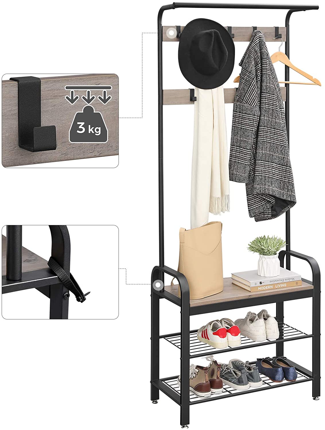 Greige and black steel freestanding coat rack with removable hooks, bench, and shoe rack, showcasing its stylish design and functionality.